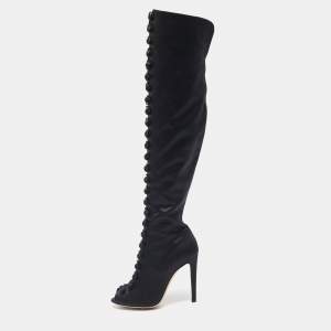 Gianvito Rossi Black Satin Button Knee Length Boots Size 37