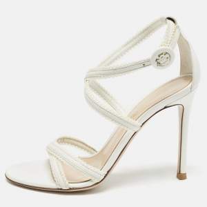 Gianvito Rossi White Leather Scalloped Lace Trim Ankle Strap Sandals Size 35