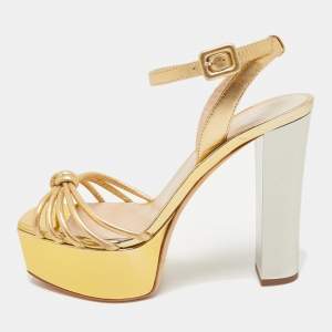 Pre Owned Gianvito Rossi Gold Leather Strappy Platform Heels Sandals Size 38.5