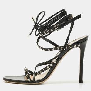 Gianvito Rossi Black Leather Studded Gladiator Sandals Size 37.5