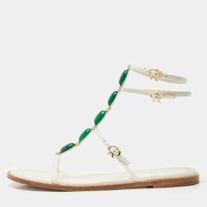 Gianvito Rossi White Leather Embellished Flat Ankle Wrap Sandals Size 41