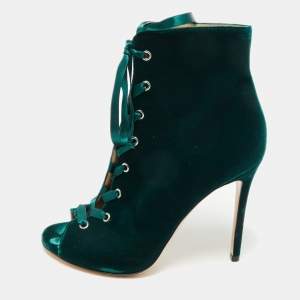 Gianvito Rossi Green Velvet Miral Open Toe Ankle Boots Size 41