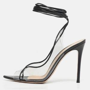 Pre Owned Gianvito Rossi Transparent/Black Leather and PVC Plexi Ankle Wrap Sandals Size 39