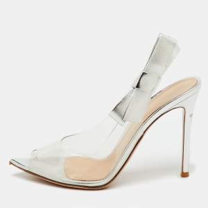 Pre Owned Gianvito Rossi Silver/Transparent Leather and PVC Sandals Size 39