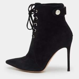 Pre Owned Gianvito Rossi Black Suede Pointed Toe Lace Up Ankle Length Boots Size 38