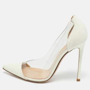 Pre Owned Gianvito Rossi White Patent Leather and PVC Plexi Pointed Toe Pumps 38.5