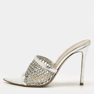 Pre Owned Gianvito Rossi Silver Leather and Metallic Mesh Alisia Slide Sandals Size 39