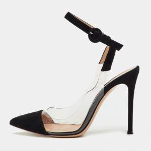 Pre Owned Gianvito Rossi Black/Transparent Suede and PVC Anise Ankle Strap Pumps Size 37