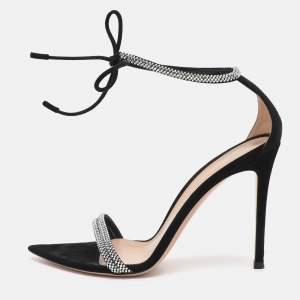 Pre Owned Gianvito Rossi Black Suede Montecarlo Crystal Embellished Ankle Strap Sandals Size 39