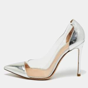 Pre Owned Gianvito Rossi Silver/Transparent  Leather and PVC Plexi Pumps Size 37.5