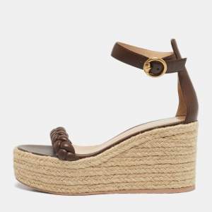 Pre Owned Gianvito Rossi Brown Braided Leather Merida Espadrille Wedge Sandals Size 36.5