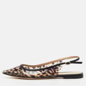 Pre Owned Gianvito Rossi Black/Brown PVC Animal Print Slingback Flats Size 38.5