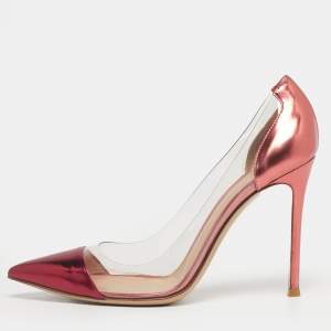 Pre Owned Gianvito Rossi Pink/Transparent Leather And PVC Plexi Pointed Toe Pumps Size 37.5