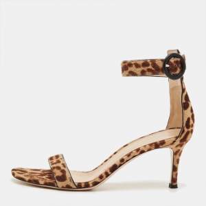 Pre Owned Gianvito Rossi Brown/Beige Leopard Print Calf Hair Portofino Ankle Strap Sandals Size 36.5