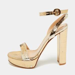 Pre Owned Gianvito Rossi Portofino Size 36.5 Gold Croc Embossed Leather Ankle Strap Sandals