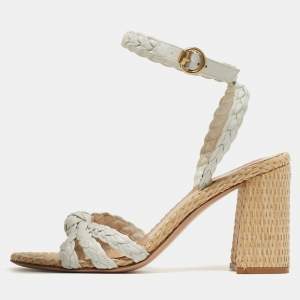 مملوكة مسبقًا Gianvito Rossi Size 41.5 White Woven Leather Ankle Strap Block Heel Sandals