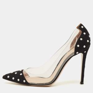 Pre Owned Gianvito Rossi Size 38.5 Black/White Studded Suede and PVC Plexi Pumps 