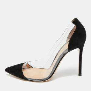 Pre Owned Gianvito Rossi Plexi Size 37.5 Black/Transparent Suede and PVC Pointed Toe Pumps