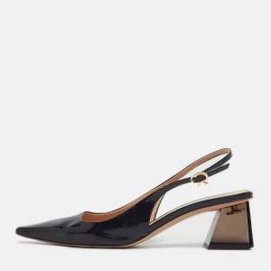 Pre Owned Gianvito Rossi Size 38 Black Patent Leather Slingback  Block Heel Pumps
