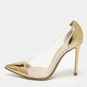 Pre Owned Gianvito Rossi Plexi Size 37 Transparent/Gold Leather and PVC Pumps