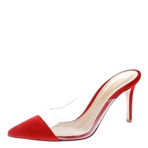 Pre Owned Gianvito Rossi Red Suede and PVC Plexi Pointed Toe Mule Sandals Size 37.5
