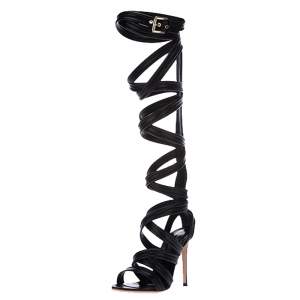 Pre Owned Gianvito Rossi Black Leather Gladiator Knee Length Sandals Size 36