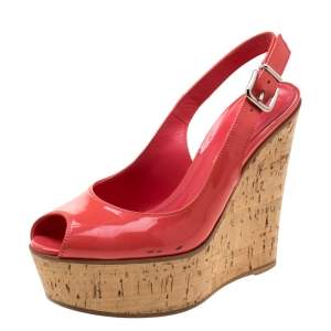 Pre Owned  Gianvito Rossi Pink Patent Leather Slingback Wedge Sandals Size 35