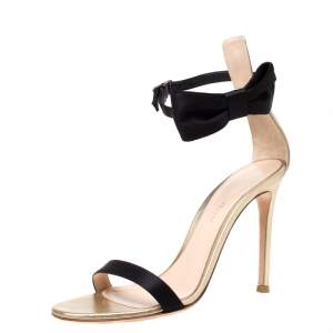 Pre Owned Gianvito Rossi Metallic Gold Leather And Black Satin Bow Detail Ankle Strap Open Toe Sandals Size 36