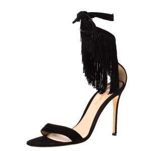 Pre Owned Gianvitto Rossi Black Suede Olivia Fringe Ankle Wrap Sandals Size 40