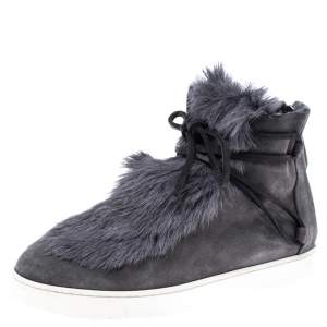Pre Owned Gianvito Rossi Grey Suede And Fur Inuit Ankle Boots Size 38.5