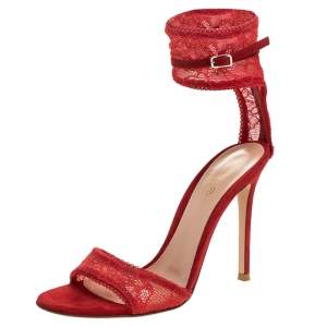 Pre Owned Gianvito Rossi Red Lace And Suede Ankle Strap Sandals Size 38