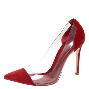 Pre Owned Gianvito Rossi Red Suede And PVC Plexi Pointed Toe Pumps Size 38