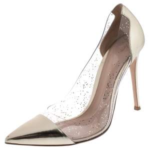 Pre Owned Gianvito Rossi Gold Patent Leather and PVC Plexi Pointed Toe Pumps Size 41