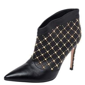 Pre Owned Gianvito Rossi Black Leather Studded Ankle Boots Size 37.5