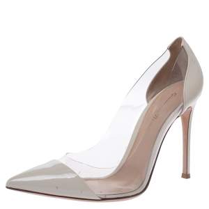 Pre Owned Gianvito Rossi Cream Patent Leather And PVC Plexi Pointed Toe Pumps Size 39.5