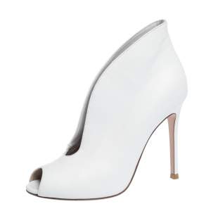 Pre Owned Gianvito Rossi White Leather V Neck Peep Toe Booties Size 36