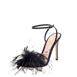 Pre Owned Gianvito Rossi Black Satin Feather Flower Ankle Strap Sandals Size 37.5