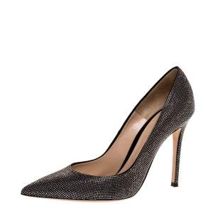 Pre Owned Gianvito Rossi Silver Crystal Embellished Suede Leather Lennox Pointed Toe Pumps Size 39.5 