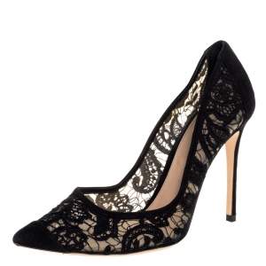 Pre Owned Gianvito Rossi Black Suede And Lace Pointed Toe Pumps Size 40.5