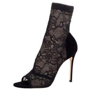 Pre Owned Gianvito Rossi Black Lace and Suede Sock Peep Toe Booties Size Size 39.5