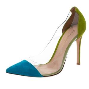 Pre Owned Gianvito Rossi Blue/Green Suede and PVC Plexi Pointed Toe Pumps Size 37
