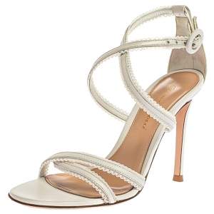Pre Owned Gianvito Rossi White Criss Cross Leather Brad Strap Sandals Size 35