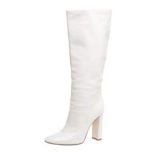 Pre Owned Gianvito Rossi White Leather Knee Block Heels Boots Size 37.5
