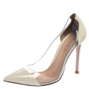Pre Owned Gianvito Rossi Off-white Patent Leather And PVC Plexi Pointed Toe Pumps Size 36