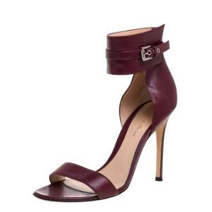 Pre Owned Gianvito Rossi Burgundy Leather Ankle Cuff Buckle Open Toe Sandals Size 38.5