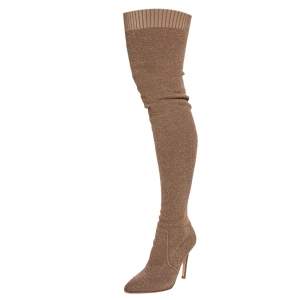 Pre Owned Gianvito Rossi Beige Knit Fabric Fiona Over The Knee Boots Size 37
