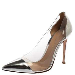 Pre Owned Gianvito Rossi Silver Leather And PVC Plexi Pointed Toe Pumps Size 35