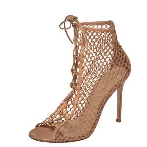 Pre Owned Gianvito Rossi Beige Mesh And Leather Helena Lace Up Crochet Booties Size 39