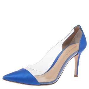Pre Owned Gianvito Rossi Blue Satin And PVC Plexi Pointed Toe Pumps Size 38
