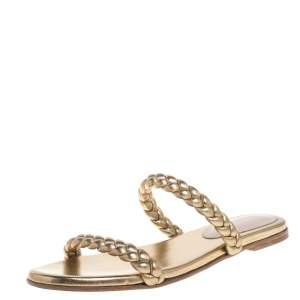 Pre Owned Gianvito Rossi Metallic Gold Leather Braided Double Band Slide Sandals Size 38